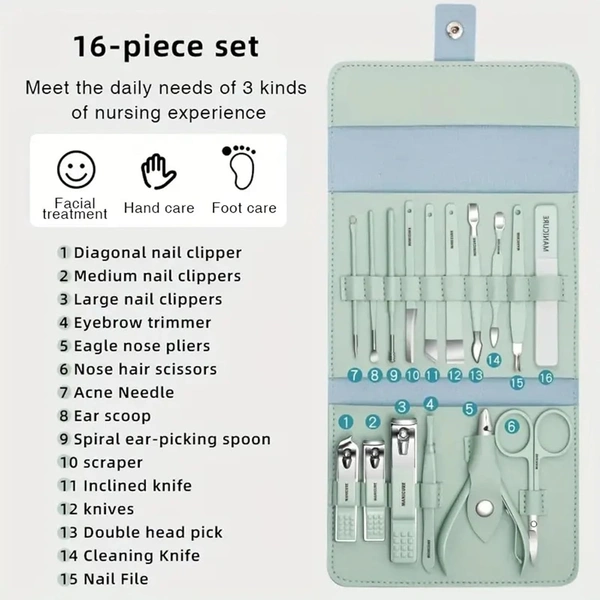 16-Piece Manicure Set Nail Clipper Kit – Stainless Steel Nail & Pedicure Tools for Men & Women | Professional Grooming Kit for Hand, Foot, Skin & Facial Care in Travel Case(16 in 1)