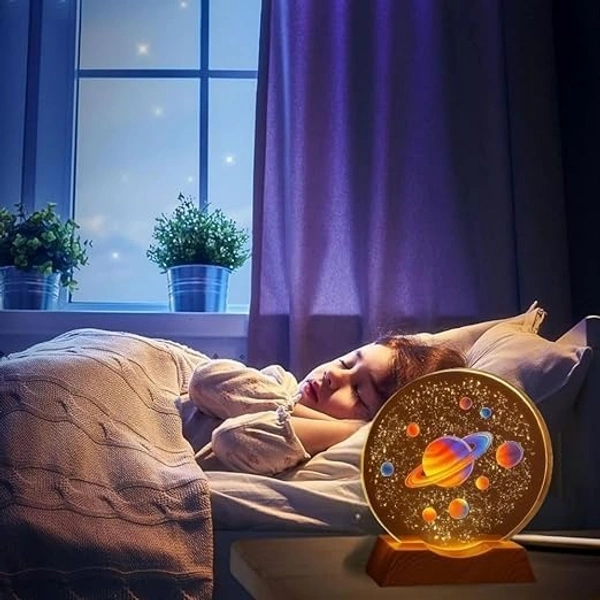 3D Acrylic Planets Crystal Ball Night Lamp with Wooden Base | USB LED Table Light for Bedroom, Kids Room & Home Decor | Bedside Lamp & Gift for Boys & Girls