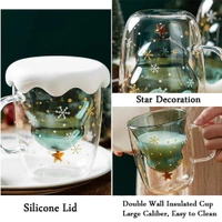 Fun Christmas Coffee Mugs Holiday Cups, 10oz Double Wall Glass Tableware with Lid and Handle, Tree Snowflake Glassware for Tea, Milk, Beverage, Juice, Water, 300ML (With Lid)