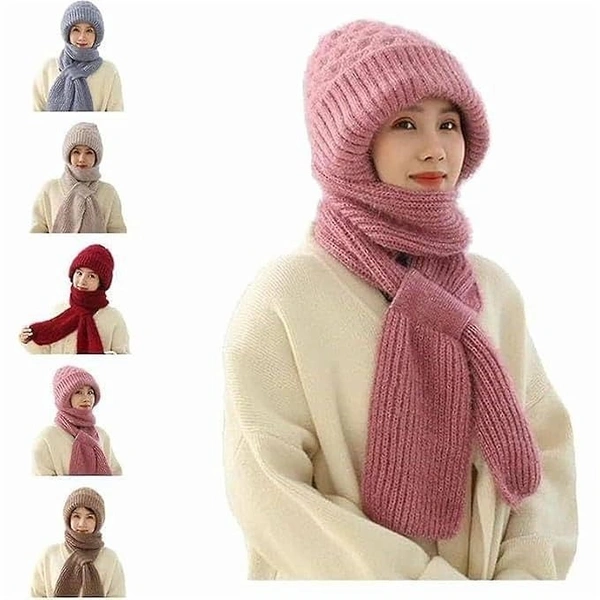 Women’s 2-in-1 Integrated Hat & Scarf, Windproof Winter Woolen Cap with Ear Protection, Cold-Resistant Fleece Lining, Soft & Comfortable for Winter Activities Multicolour