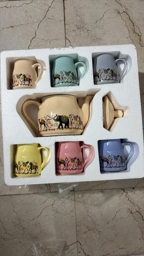 ExclusiveLane 'Elephant Motif' Ceramic Tea Pot with Cup Set (6 Cups & 1 Kettle, Dishwasher & Microwave Safe) | Handcrafted Tea Cup and Kettle Set of 6 for Hot Tea & Coffee Mug Set