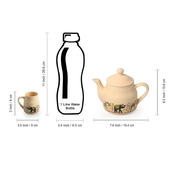 ExclusiveLane 'Elephant Motif' Ceramic Tea Pot with Cup Set (6 Cups & 1 Kettle, Dishwasher & Microwave Safe) | Handcrafted Tea Cup and Kettle Set of 6 for Hot Tea & Coffee Mug Set