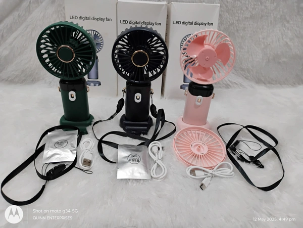  Portable Fan Mini Handheld Blue Fan with Digital Display Small USB Rechargeable Personal Pocket Fan with 5 Speeds Foldable Desk Fan with Lanyard and Base for Home Travel，170007
