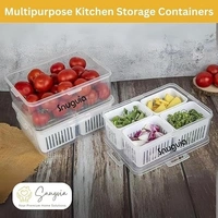 4-in-1 Fridge Storage Box with Airtight Lids, Divided Food Prep Containers for Veggies, Snacks, and Fruits – Durable, Transparent Organizer for Kitchen Storage with Draining System