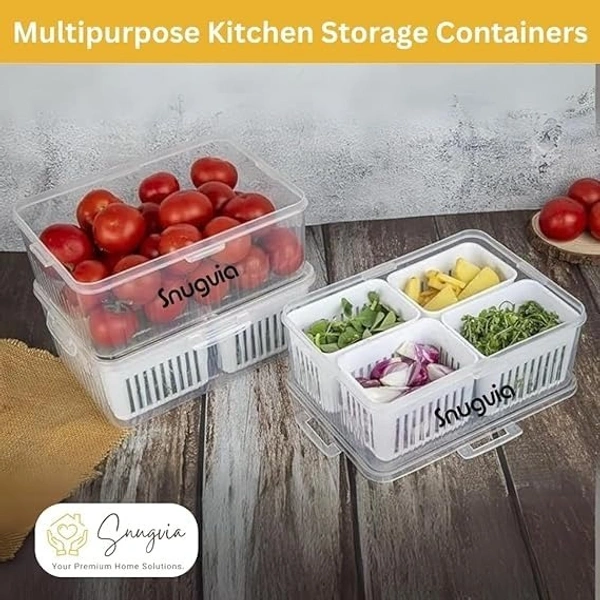 4-in-1 Fridge Storage Box with Airtight Lids, Divided Food Prep Containers for Veggies, Snacks, and Fruits – Durable, Transparent Organizer for Kitchen Storage with Draining System