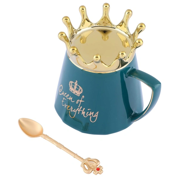 Coffee Mug, Gift for Woman, Birthday Present for Girlfriend, Wife Gifts for Anniversary, Valentine Gift for Girlfriend, Queen of Everything Mug with Golden Crown & Spoon (350ml-Green)