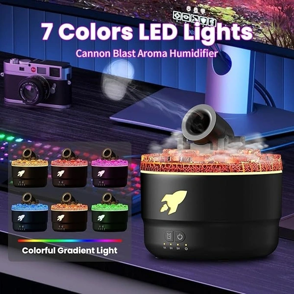Cannon Humidifier, 7 Colors LED Mini Cannon Diffuser Silent Vapor Canon Aroma Diffuser, 2 Mode Creative Turret Cool Mist Air Aromatherapy, Small Home Desktop Humidifier for Bedroom, Waterless Auto-off