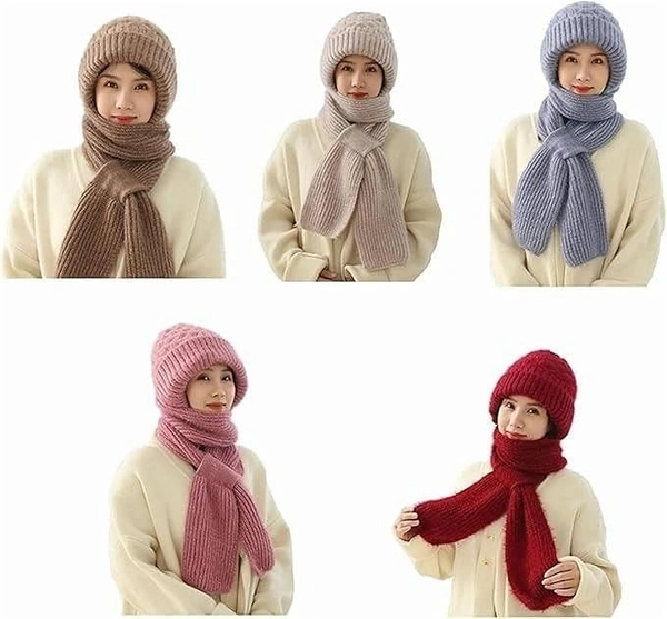 Women’s 2-in-1 Integrated Hat & Scarf, Windproof Winter Woolen Cap with Ear Protection, Cold-Resistant Fleece Lining, Soft & Comfortable for Winter Activities Multicolour
