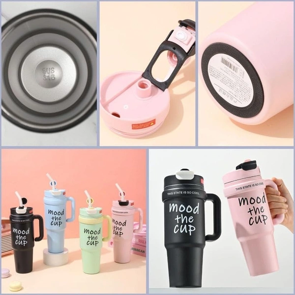 Mood The Cup Insulated Water Bottle, 900 ml, Stainless Steel Tumbler with Handle and Lid 2 Straw, Double Insulated Cup 100% Leak Proof for Office & Gym