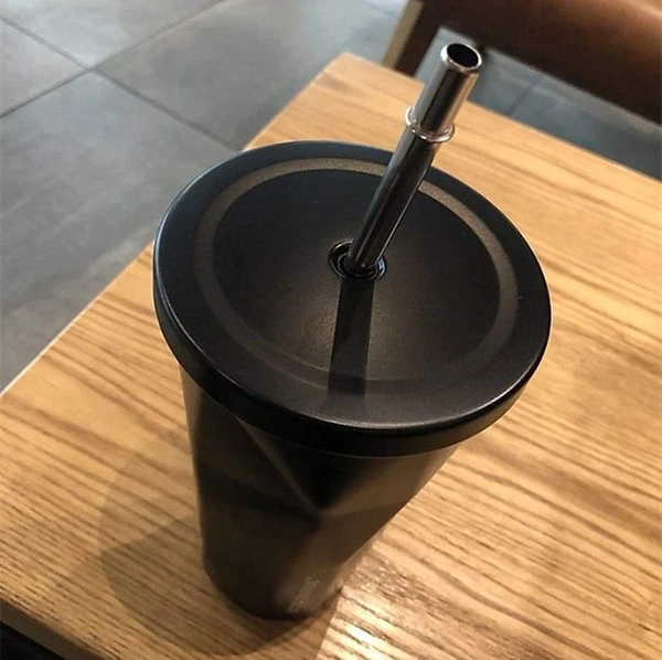 Stainless Steel Double Wall Hot and Cold Irregular Diamond Drinking Mug with Straw and Lid (Black, 500 ml)