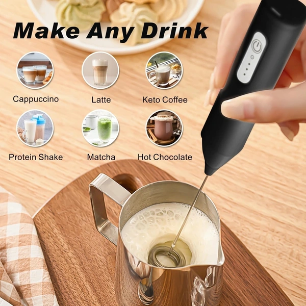  Rechargeable Milk Frother – Handheld Electric Coffee Frother with USB-C Charging, 3-Speed Stainless Steel Whisk for Lattes, Matcha, Hot Chocolate, and Frappe