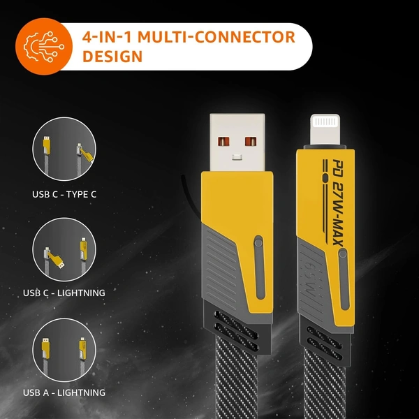 Quad Pro 4-in-1 Metal Flat Braided Indestructible Cable (1.5m, 60W) – Ultimate All-in-One Charging Solution