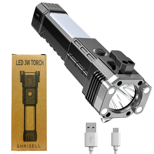 Rechargeable Hammer Torch Light – 6 in 1 LED 3W Torch Flashlight with Glass Breaker & Seat Belt Cutter, Long Distance Beam, Water Resistant, Portable Emergency Rechargeable Light for Home & Outdoor