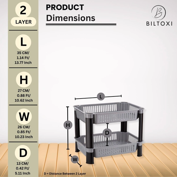 Multipurpose Plastic Storage Rack for Kitchen, Fruit Corner Storage Stand Basket, Countertop Kitchen Organizer Cart, Kitchen Trolley Rack (2 Layer, Silver)Rectangular