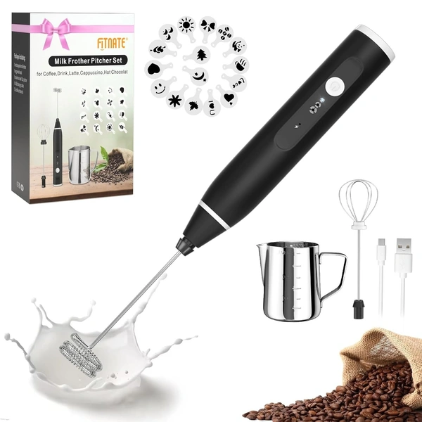 Milk Frother Handheld USB Rechargeable Electric Foam Maker for Coffee, Cappuccino, Egg Mix, 2 Whisks for Coffee