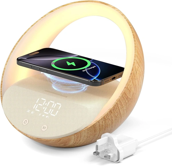 Alarm Clock with Wireless Charging, Speakers Bluetooth 5.3, 15W Wireless Charger Bedside Alarms Clocks, Sunrise Simulation Wake Up Night Light, 2400 mah Alarm Clock for Bedroom Iphone/Samsung
