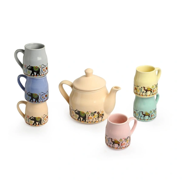 ExclusiveLane 'Elephant Motif' Ceramic Tea Pot with Cup Set (6 Cups & 1 Kettle, Dishwasher & Microwave Safe) | Handcrafted Tea Cup and Kettle Set of 6 for Hot Tea & Coffee Mug Set