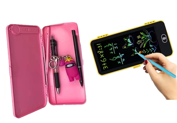 2in1 Pencil Case Geometry Box with LCD Tablet Graphic LCD Writing Tablet with Pencil Box Geometry Box Magic Pencil Case with LCD Board Tablet Birthday Gift Return Gift for Kids 
