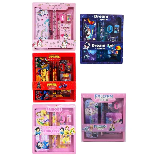 Cartoon Print Stationary Set for Kids, Metal Geometry Pencil Box/1 Ruler Scale/Pencil Sharpner/Eraser/2 Pencils and 6 Crayon Colors Set(Print May Vary)