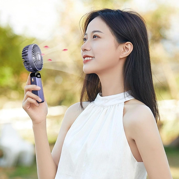  Portable Fan Mini Handheld Blue Fan with Digital Display Small USB Rechargeable Personal Pocket Fan with 5 Speeds Foldable Desk Fan with Lanyard and Base for Home Travel，170007