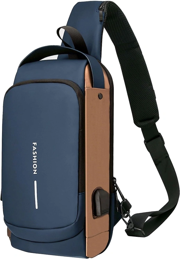 Anti-Theft Chest Bag for Men Women Sling Bag Crossbody Backpack Men's Shoulder Bag Waterproof Password Protection Shoulder Bag with USB, Blue with brown, Rucksack