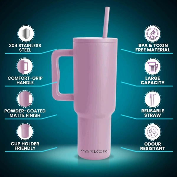 1.2L Stainless Steel Insulated Water Tumbler with Lid and Straw |12hr Hot & 8hr Cold| Fits Cup Holder| Leak Proof| Gym, Office,Home| Includes 2 Straw,1 Brush 