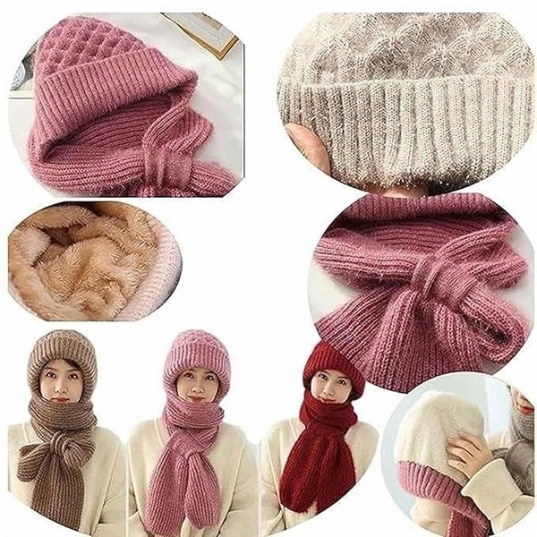 Women’s 2-in-1 Integrated Hat & Scarf, Windproof Winter Woolen Cap with Ear Protection, Cold-Resistant Fleece Lining, Soft & Comfortable for Winter Activities Multicolour