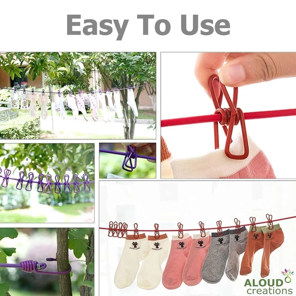 Clip Rope | Cloth Line Rope | Portable Drying Rope with 12 Clips and 2 Hooks | Drying Rope for Balcony-Garden-Terrace-Backyard-Travel-Camping | Multicolor [Pack of 1]