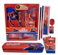 Cartoon Print Stationary Set for Kids, Metal Geometry Pencil Box/1 Ruler Scale/Pencil Sharpner/Eraser/2 Pencils and 6 Crayon Colors Set(Print May Vary)