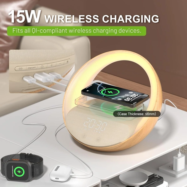 Alarm Clock with Wireless Charging, Speakers Bluetooth 5.3, 15W Wireless Charger Bedside Alarms Clocks, Sunrise Simulation Wake Up Night Light, 2400 mah Alarm Clock for Bedroom Iphone/Samsung