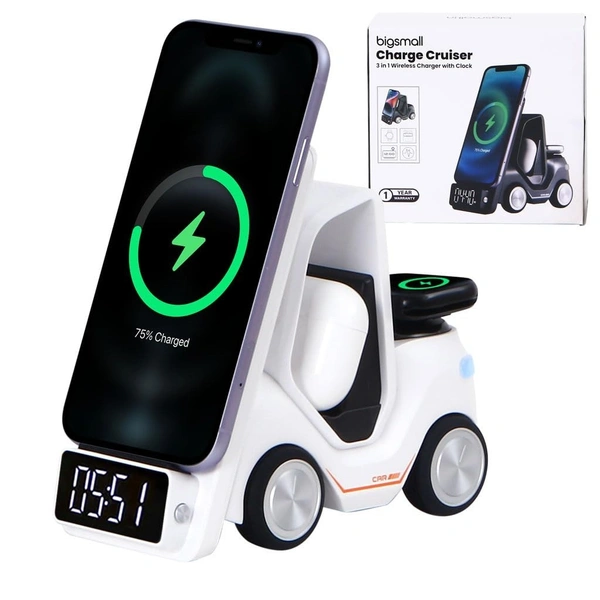 Charge Cruiser - 3-in-1 Wireless Charger with Clock | Wireless Magentic Charger for iPhone,Smart Phone,Smart Watch,Earpod & Digital Clock | Alarm Clock & Lamp | Compact Toy Car Design