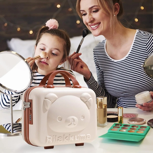 Women Small Hard Shell Cosmetic Bag 14 Inch /16 Inch Cute Bear Beauty Makeup Bag Organizer Cartoon Travel Suitcase Luggage Storage Bag, Beige, Small (14 Inch)