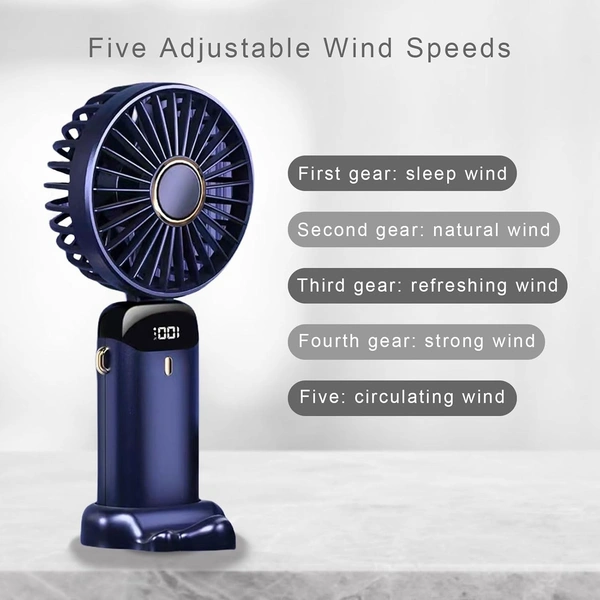  Portable Fan Mini Handheld Blue Fan with Digital Display Small USB Rechargeable Personal Pocket Fan with 5 Speeds Foldable Desk Fan with Lanyard and Base for Home Travel，170007
