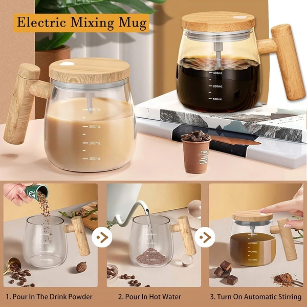 Electric Self-Stirring Coffee Mug Borosilicate Mixing Cup With Lid For Effortless Coffee, Milk, And Protein Powder Mixing At Home, Office, Or Travel (400 Ml, 1 Piece) Glass, Transparent