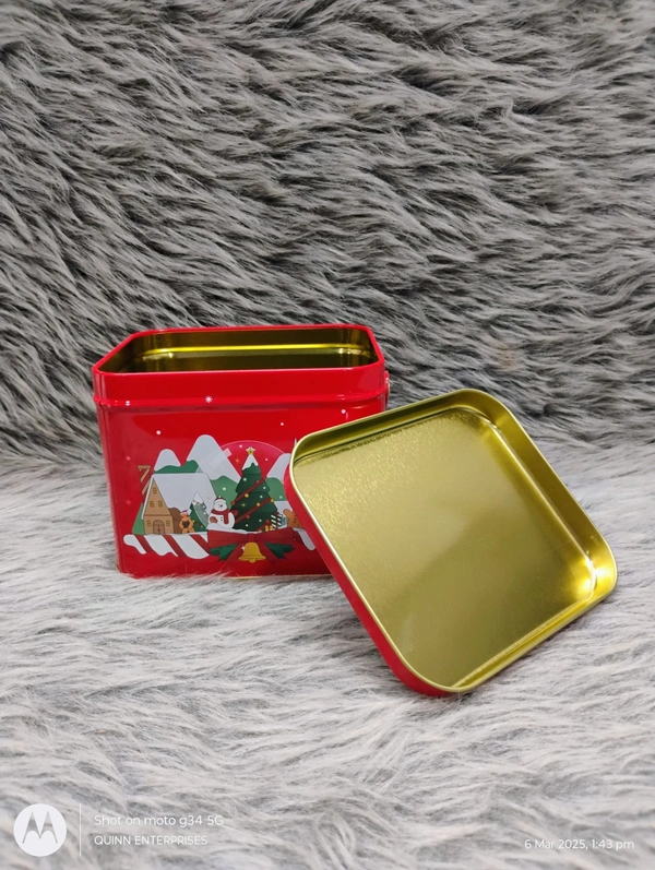 Christmas Metal Cookie Tins Xmas Square Candy Tinplate Container Holiday Treat Favor Box with Lid and Handle for Chocolate Christmas Wrapping Party Favor