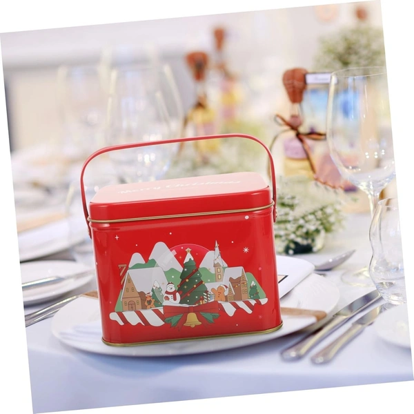 Christmas Metal Cookie Tins Xmas Square Candy Tinplate Container Holiday Treat Favor Box with Lid and Handle for Chocolate Christmas Wrapping Party Favor