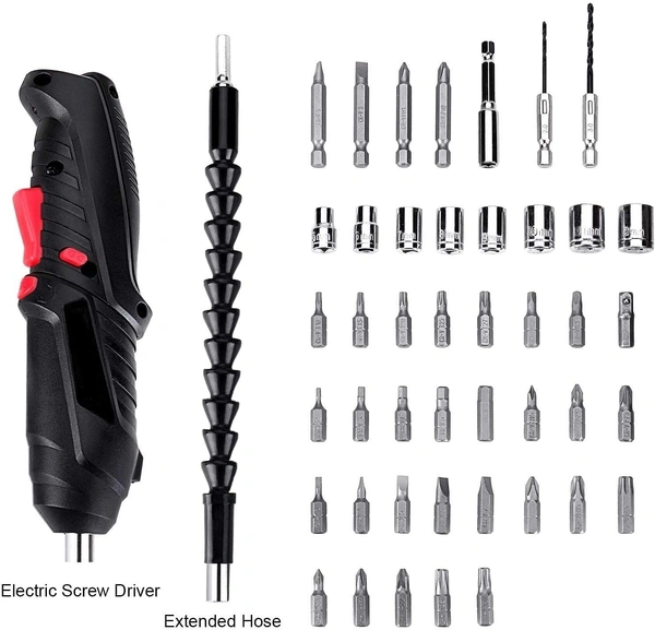 Metal Electric Screwdriver with 47 pcs Screwdriver Bit Set, Front LED Light, Flexible Shaft, Carrying Case, for Household - [Black-Pack of 1]