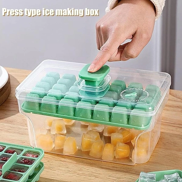 2 Layer Ice Cube Tray with Lid & Bin use for Home, Kitchen Easy Press Ice Tray Container Cube Tray with Storage Box Ice Cubes for Whiskey Cocktails, Mocktails, Soft Drinks