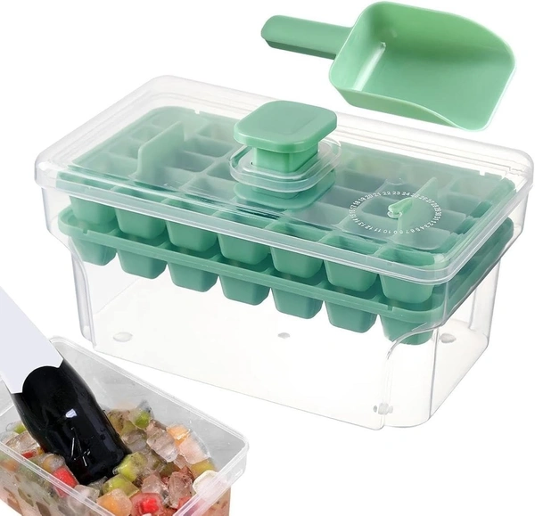 2 Layer Ice Cube Tray with Lid & Bin use for Home, Kitchen Easy Press Ice Tray Container Cube Tray with Storage Box Ice Cubes for Whiskey Cocktails, Mocktails, Soft Drinks