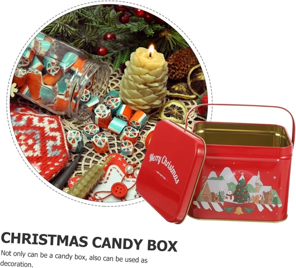 Christmas Metal Cookie Tins Xmas Square Candy Tinplate Container Holiday Treat Favor Box with Lid and Handle for Chocolate Christmas Wrapping Party Favor