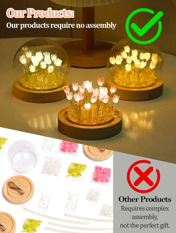 (Assembled) Fire Turtle Tulip Night Light LED Decorations Lamp, No Assembly Required, Glass Artificial Tulips Bedroom Flower Table Lamp,Birthday Mothers Day Gifts for Girlfriend Mom Women Her Wife Sister Girls
