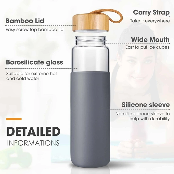 550 ML Borosilicate Glass Water Bottle with Bamboo Lid and Silicone Sleeve - BPA-Free  - Navy Blue