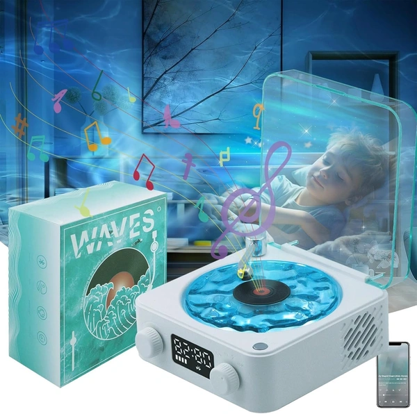 Retro-Style Wireless Waves Bluetooth Speaker, Aqua Vinyl Speaker, The Waves Vinyl Player with Ambience Light and Clock for Bedroom, Office, Party
