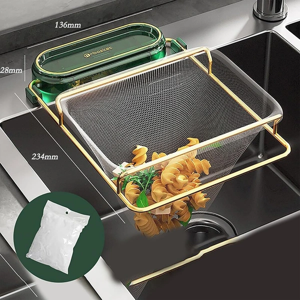 ( 50 PCS Mesh Bag ) Kitchen Sink Filter Rack Foldable Sink Strainer Residue Filter Screen Holder Stand Waste Garbage Net Shelf (Green+ 50pcs nets)