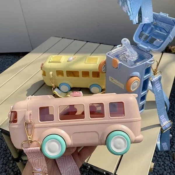 Bus Shaped Water Bottle With Moving Wheels, 480 Ml Leak-Proof Water Bottle For Kids, Water Bottle With Strap & Sipper For Kids, Sipper Water Bottle For Kids