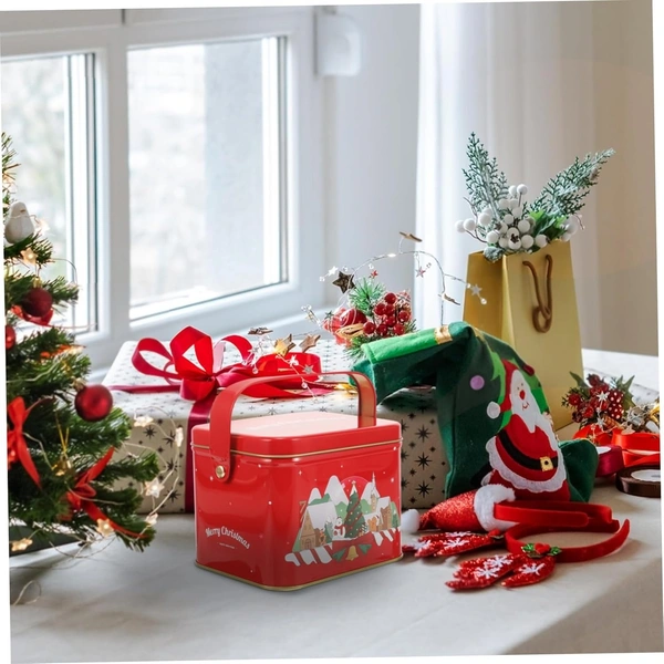 Christmas Metal Cookie Tins Xmas Square Candy Tinplate Container Holiday Treat Favor Box with Lid and Handle for Chocolate Christmas Wrapping Party Favor