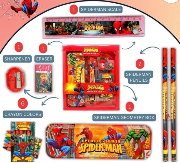 Cartoon Print Stationary Set for Kids, Metal Geometry Pencil Box/1 Ruler Scale/Pencil Sharpner/Eraser/2 Pencils and 6 Crayon Colors Set(Print May Vary)