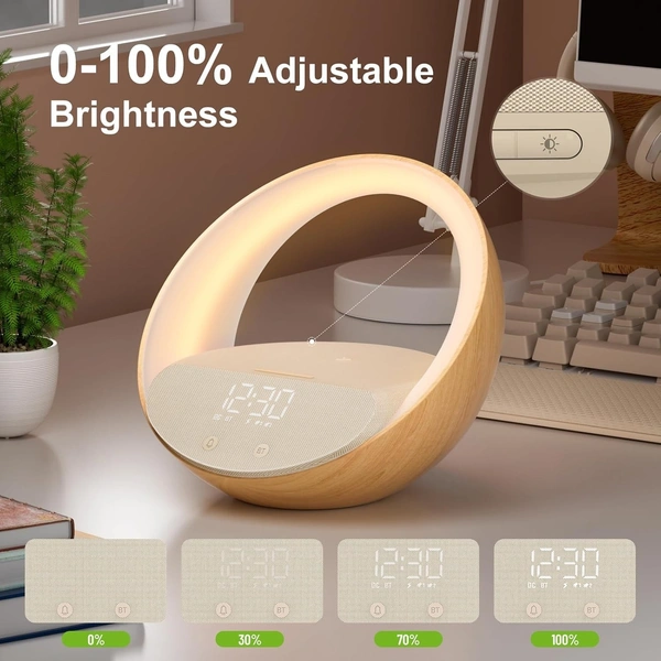 Alarm Clock with Wireless Charging, Speakers Bluetooth 5.3, 15W Wireless Charger Bedside Alarms Clocks, Sunrise Simulation Wake Up Night Light, 2400 mah Alarm Clock for Bedroom Iphone/Samsung