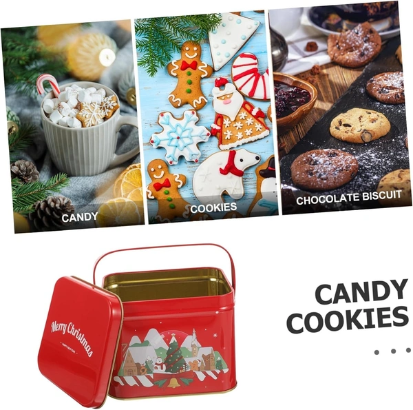 Christmas Metal Cookie Tins Xmas Square Candy Tinplate Container Holiday Treat Favor Box with Lid and Handle for Chocolate Christmas Wrapping Party Favor