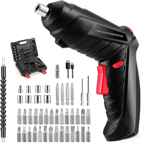 Metal Electric Screwdriver with 47 pcs Screwdriver Bit Set, Front LED Light, Flexible Shaft, Carrying Case, for Household - [Black-Pack of 1]